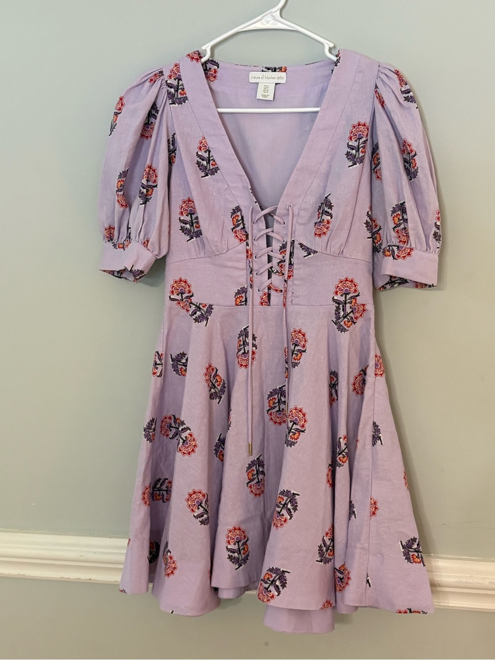 Cottagecore House of Harlow 1960 coquette Linen Blend boho Lace Up Mini Dress 0